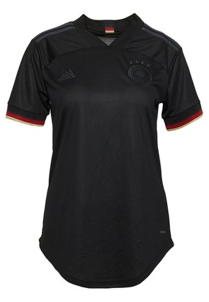 Svart fotballtrøye med korte ermer, med meshdetaljer, svart krage, og røde, gule og svarte detaljer på ermene. adidas-merket og logoen er til stede.