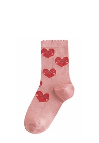 Rosa Socken mit roten Herzmustern und blassen Akzenten. Strukturiertes, geripptes Bündchen, klassische Knöchelhöhe. Geeignet für die Freizeit.