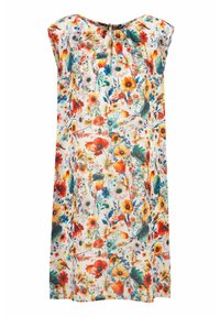 Blumenmuster-Kleid mit lockerem Schnitt, ärmellosem Design und einem bunten Blumenmuster auf weißem Hintergrund. Weicher Stoff mit rundem Ausschnitt.