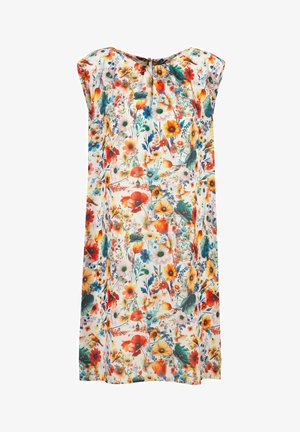 Blumenmuster-Kleid mit lockerem Schnitt, ärmellosem Design und einem bunten Blumenmuster auf weißem Hintergrund. Weicher Stoff mit rundem Ausschnitt.