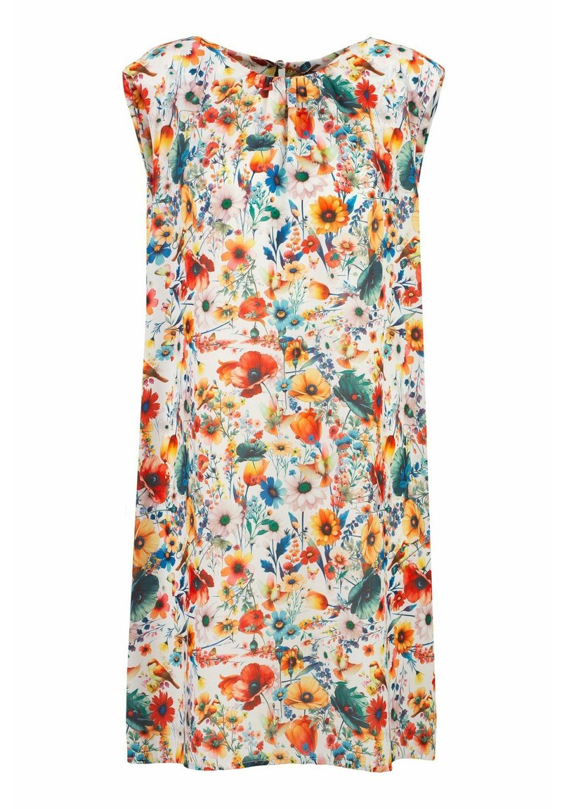 Blumenmuster-Kleid mit lockerem Schnitt, ärmellosem Design und einem bunten Blumenmuster auf weißem Hintergrund. Weicher Stoff mit rundem Ausschnitt.