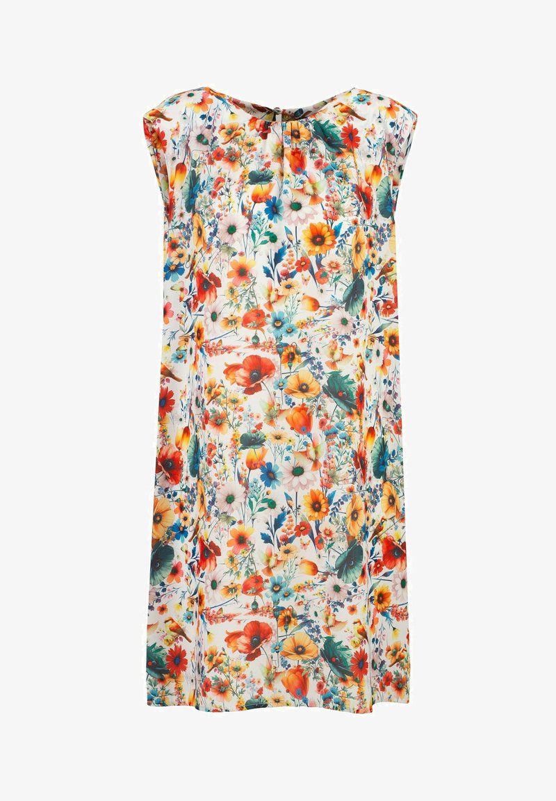 Bloemjurk met een losse pasvorm, mouwloos ontwerp en een kleurrijk bloemenpatroon op een witte achtergrond. Zachte stof met een ronde hals.