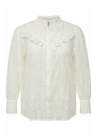 Witte katoenen blouse met ingewikkelde borduurwerk, gerimpelde kraag, knoopsluiting, lange mouwen en golvende manchetten.