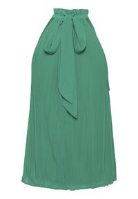 Grünes, plissiertes Kleid mit hoher Taille, verstellbarem Bindegürtel und elastischem Bund, aus leichtem Stoff gefertigt.