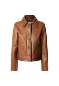 Giacca di pelle marrone con colletto, chiusura frontale a bottoni e due tasche a toppa. Texture liscia con un design corto.