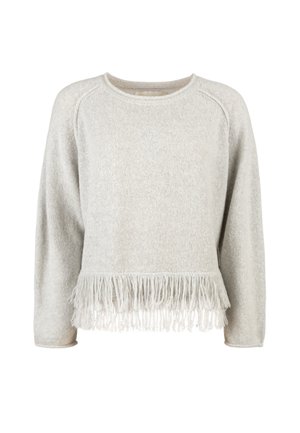 Hellgrauer Strickpullover mit langen Ärmeln und Fransenverzierung am unteren Saum, mit einem runden Halsausschnitt.