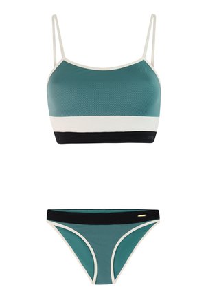 Tweedelig badpak met kleurvlakken in turquoise, wit en zwart, voorzien van dunne bandjes op het bovenstuk en contrasterende afwerking op beide delen.