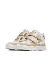 Vita och guld sneakers med en texturerad glittrig finish, som har kardborreband och stjärndetaljer. Rund tå och vadderad sula.