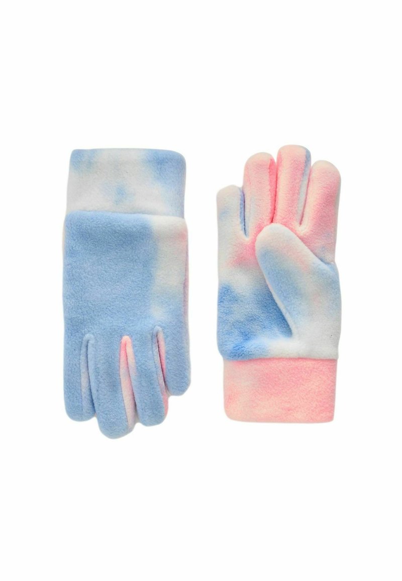 Fleecehandskar med ett tie-dye-mönster i blått och rosa, med en snug cuff och fingeröppningar för fingerfärdighet. Mjuk textur överallt.