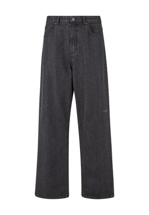 Jeans en denim noir à jambe large, avec une taille haute, un design à cinq poches et une broderie logo subtile sur la poche gauche.