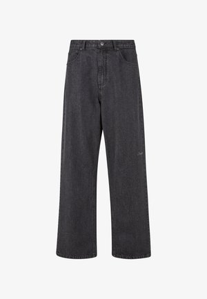 Jeans en denim noir à jambe large, avec une taille haute, un design à cinq poches et une broderie logo subtile sur la poche gauche.