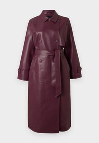 Burgundy leather trench coat with a double-breasted front, belted waist, large buttons, and wide cuffs. Smooth texture and tailored design.