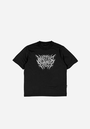 Black cotton t-shirt featuring a large white graphic logo with icicle-like lettering on the front. Classic crew neckline and short sleeves.