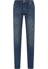 Vaqueros ajustados de denim en azul, con un lavado desgastado y detalles desgastados, cinco bolsillos y cierre de botón.