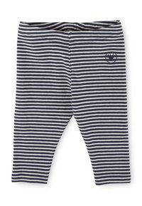 Leggings a righe blu e bianche con una texture morbida, dotati di un cinturino elastico e di un piccolo logo sul lato superiore sinistro.