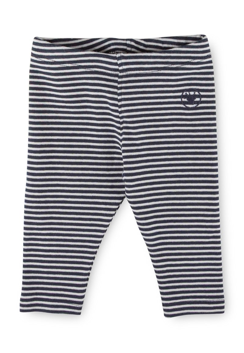 Leggings a righe blu e bianche con una texture morbida, dotati di un cinturino elastico e di un piccolo logo sul lato superiore sinistro.