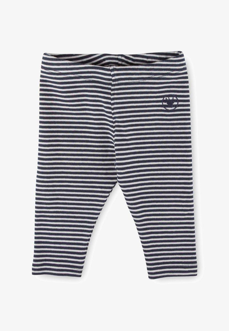 Leggings a righe blu e bianche con una texture morbida, dotati di un cinturino elastico e di un piccolo logo sul lato superiore sinistro.