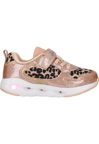Lyserød og guld atletiksko med leopardprint. Har en glitrende overdel, velcrorem og en gennemsigtig, lysende sål.