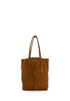 Sac fourre-tout en daim marron avec deux poignées, un détail noué à l'avant et une étiquette rectangulaire en cuir, portant l'inscription "VENEZIA".