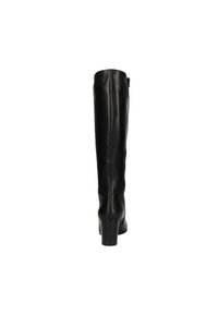 Black leather knee-high boots with a smooth texture, rounded toe, and a high block heel. Features a side zipper for closure.