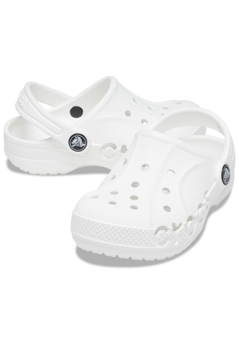 White clogs made of lightweight material, featuring ventilation holes, a back strap, and a textured sole. Black logo accent on the side.