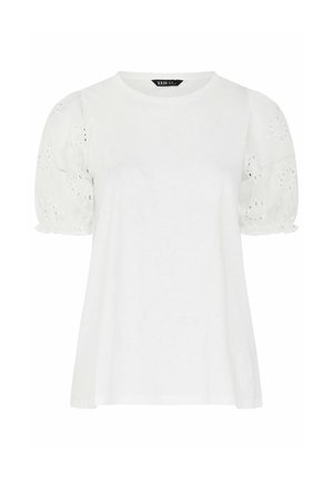 Witte kortemouwen blouse met een ronde hals en geplooide eyelet kanten mouwen met bloemenmotieven.