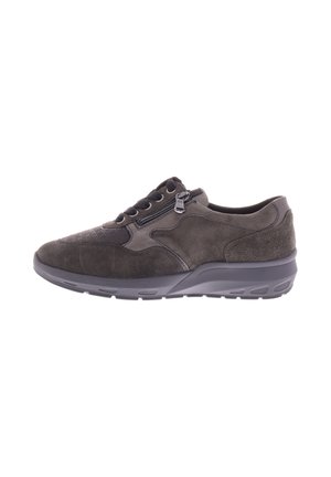 Donkergrijze suède sneaker met veters en ritssluiting, gewatteerde kraag, gestructureerde bovenkant en flexibele rubberen zool. Accentueer details met stiksels.