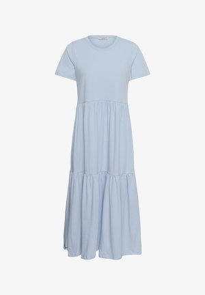 Light blue, short-sleeve, tiered maxi dress with round neckline and gathered fabric detailing at waist and lower skirt.
