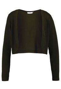 Szydełkowy kardigan, krótki fason, ciemnozielony, długie rękawy, otwarty przód, gładka tekstura, bez zapięć, minimalne detale szycia.