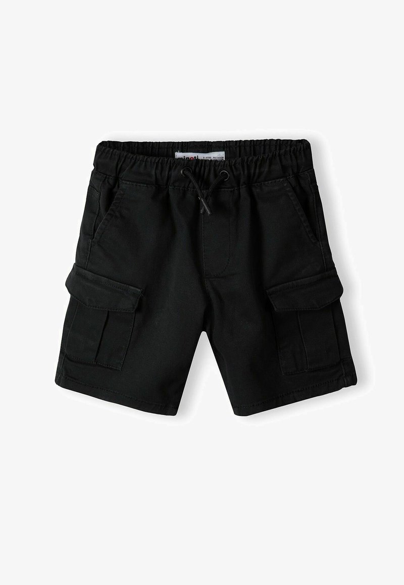 Shorts cargo noirs avec une taille élastique, un cordon de serrage, deux poches latérales et deux poches cargo. Fabriqués en tissu durable avec une finition mate.