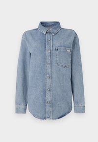 Light blue denim shirt with long sleeves, button-down front, classic collar, single chest pocket, and rounded hem, featuring visible stitching.