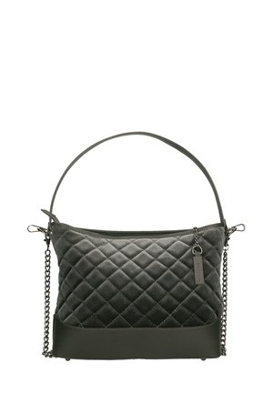 Grau gepolsterte Stoffhandtasche mit flachem Boden, Ketten- und Ledergriff, Reißverschluss oben und strukturierten Akzenten.