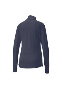 Maglietta a maniche lunghe blu navy con colletto alto, texture liscia e design aderente. Presenta maniche raglan e una cucitura posteriore sagomata.
