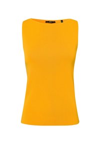 Haut jaune sans manches avec un col bateau, en tissu côtelé, présentant une silhouette ajustée et une texture lisse.