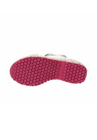 Witte schoenzool met een textuurpatroon, voorzien van roze rubber met ronde gripnoppen en een subtiel gespikkeld ontwerp op de basis.