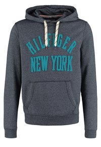 Sudadera con capucha gris con el texto bordado en turquesa "HILFIGER NEW YORK", bolsillo tipo canguro frontal y acentos de cordones en contraste.
