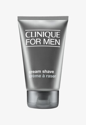 Tubo grigio con coperchio a scatto, etichettato "Clinique For Men Cream Shave" in testo bianco, superficie metallica liscia, design semplice e moderno.