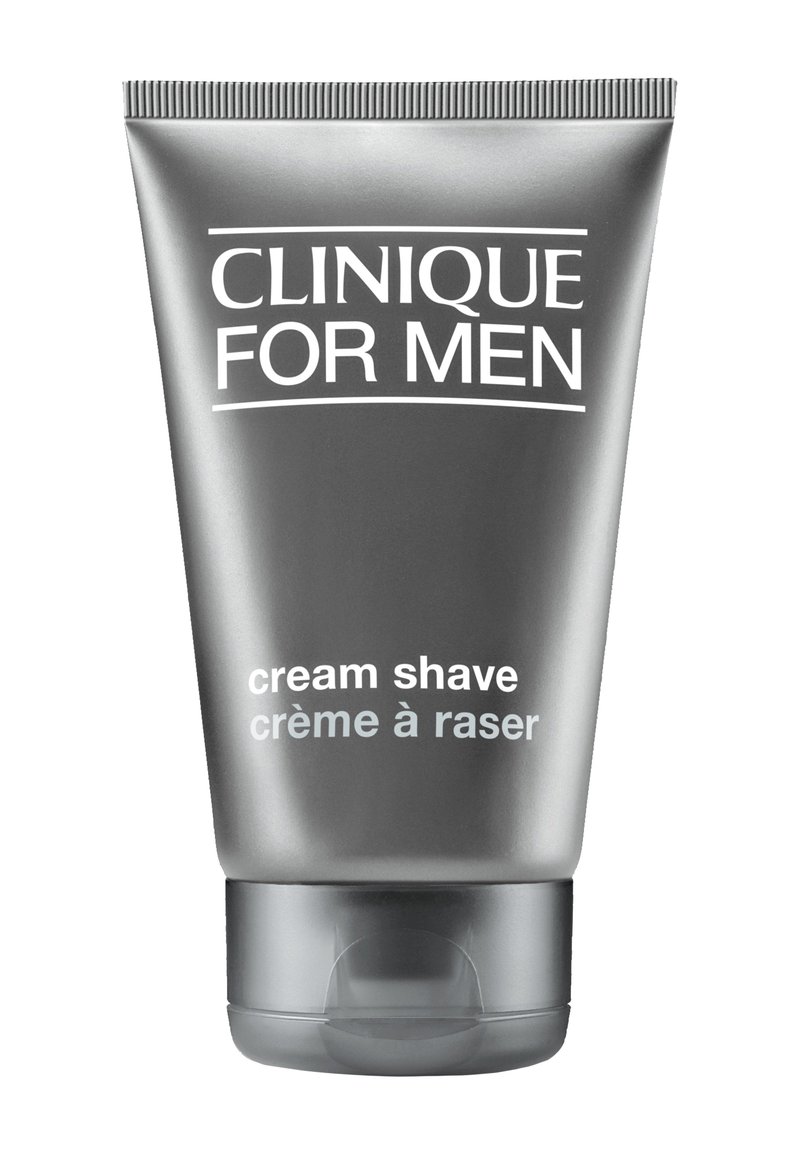 Tubo grigio con coperchio a scatto, etichettato "Clinique For Men Cream Shave" in testo bianco, superficie metallica liscia, design semplice e moderno.