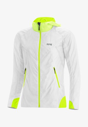 White lightweight jacket with neon yellow accents, featuring a zip closure, two side pockets, and a hood. Textured fabric for breathability.