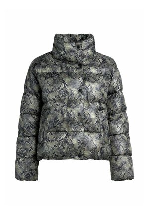 Kurtka puchowa w zielono-czarny wzór węża, z wysokim kołnierzem, zapięciem na guziki oraz pikowaną teksturą, idealnie dopasowaną.