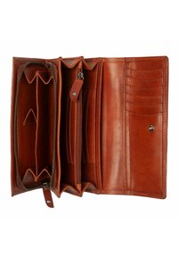 Portafoglio in pelle marrone con diversi scomparti per carte, compartimenti zip e chiusura a bottone. Texture liscia e design classico.