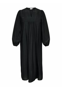 Mustat, polvipituiset mekko kevyestä kankaasta. Ominaisuuksia ovat V-mallinen kaula-aukko, poimutettu vartalo ja puffihihat joustavilla rinnuksilla. Ei kuvioita.