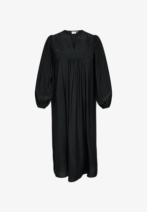 Černé šaty do kolen vyrobené z lehké tkaniny. Mají výstřih do V, skládací tělo a nadýchané rukávy s elastickými manžetami. Bez vzorů.