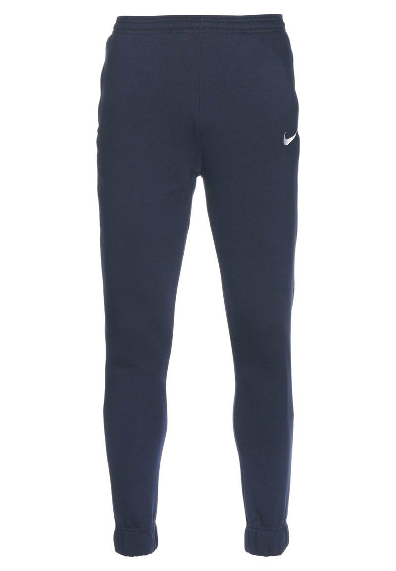 Marineblauwe sweatpants van zacht stof, met een taps toelopend ontwerp en elastische boorden, voorzien van een klein zilveren Nike-logo op de linker dij.