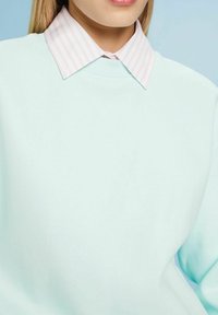 Sudadera verde menta con una camiseta de cuello polo a rayas en rosa y blanco debajo. El tejido parece suave, con un diseño de cuello redondo y un corte relajado.