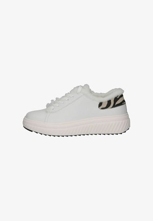 Valged tennisesuled karvase voodriga, tekstuuriga kummitald ja must-beez prindiga aksent kandadel, nagu zebra. Sidumisdisain, sile materjal.