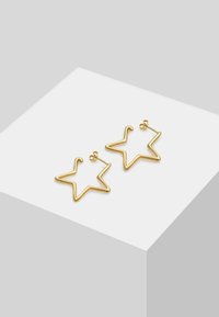 Orecchini a forma di stella dorata con una finitura liscia e lucida, caratterizzati da un design a contorno aperto e una chiusura a farfallino sicura.