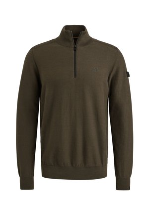 Suéter de color verde oscuro con cuello de media cremallera, puños acanalados y cinturilla. Presenta un pequeño logo en el lado izquierdo del pecho. Tejido de punto suave.