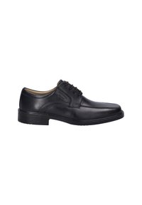 Schwarze Leder-Oxfords mit glatter Oberfläche, runder Zehenform, sechs Ösen Schnürdesign und einer leicht erhöhten Gummisohle.