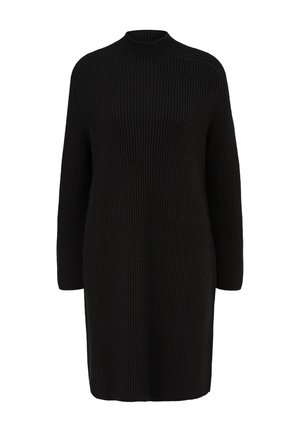 Schwarzes geripptes Strickkleid mit hohem Kragen, langen Ärmeln und lockerer Passform. Verfügt über ein strukturiertes Muster mit seitlichen Schlitzen am Saum.